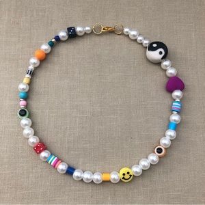 ✨NEW 🙂 Faux Pearl Smiley Yin Yang Evil Eye Trendy Choker Necklace